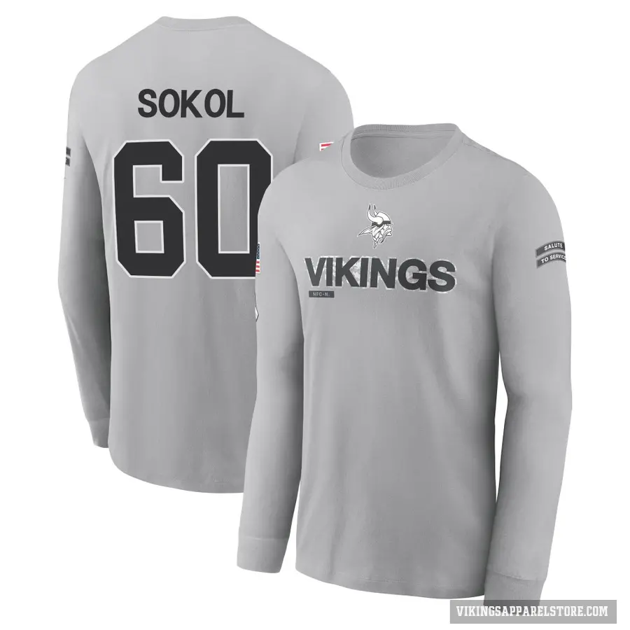 Youth ＃60 Josh Sokol Minnesota Vikings Gray 2024 Salute to Service Long Sleeve T-Shirt