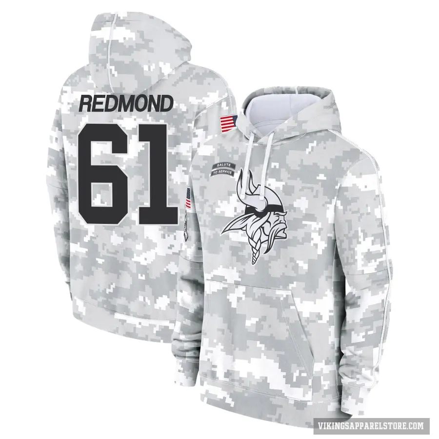 Youth ＃61 Jalen Redmond Minnesota Vikings Arctic Camo 2024 Salute to Service Club Fleece Pullover Hoodie