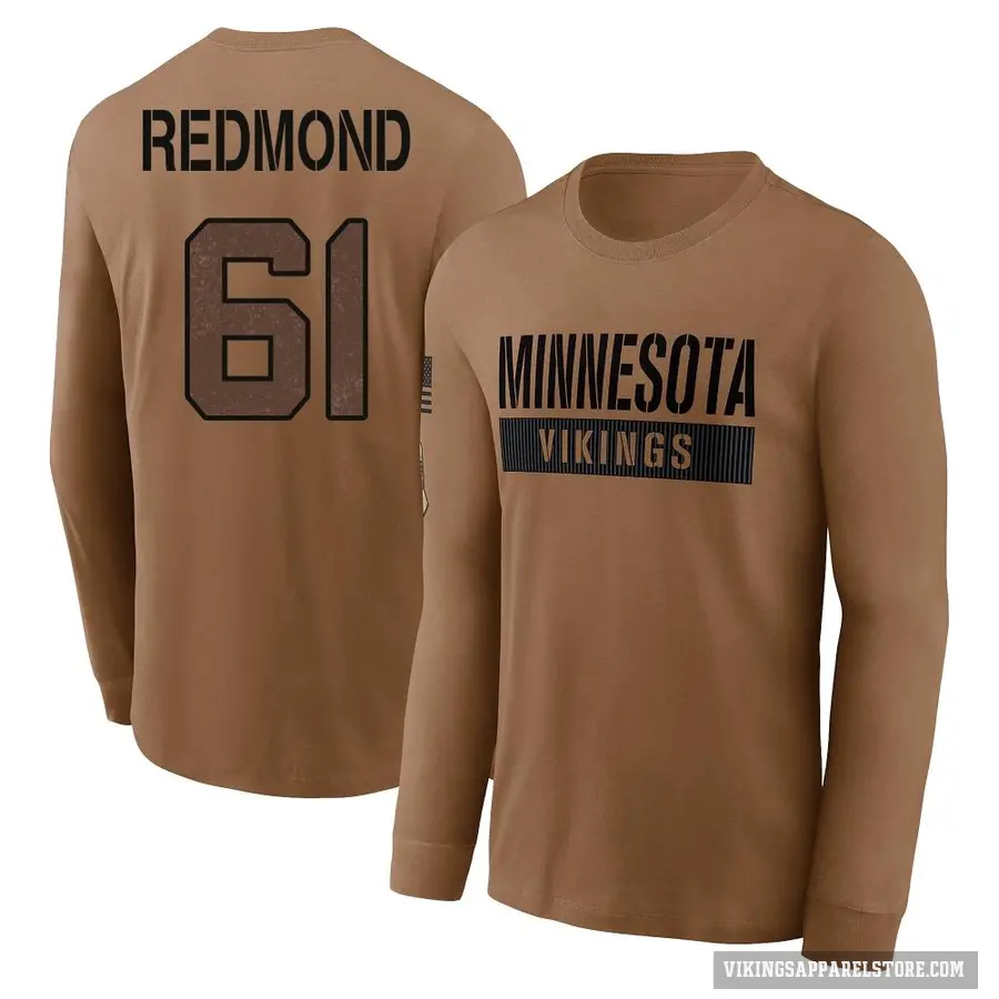 Youth ＃61 Jalen Redmond Minnesota Vikings Red Brown 2023 Salute To Service Long Sleeve T-Shirt