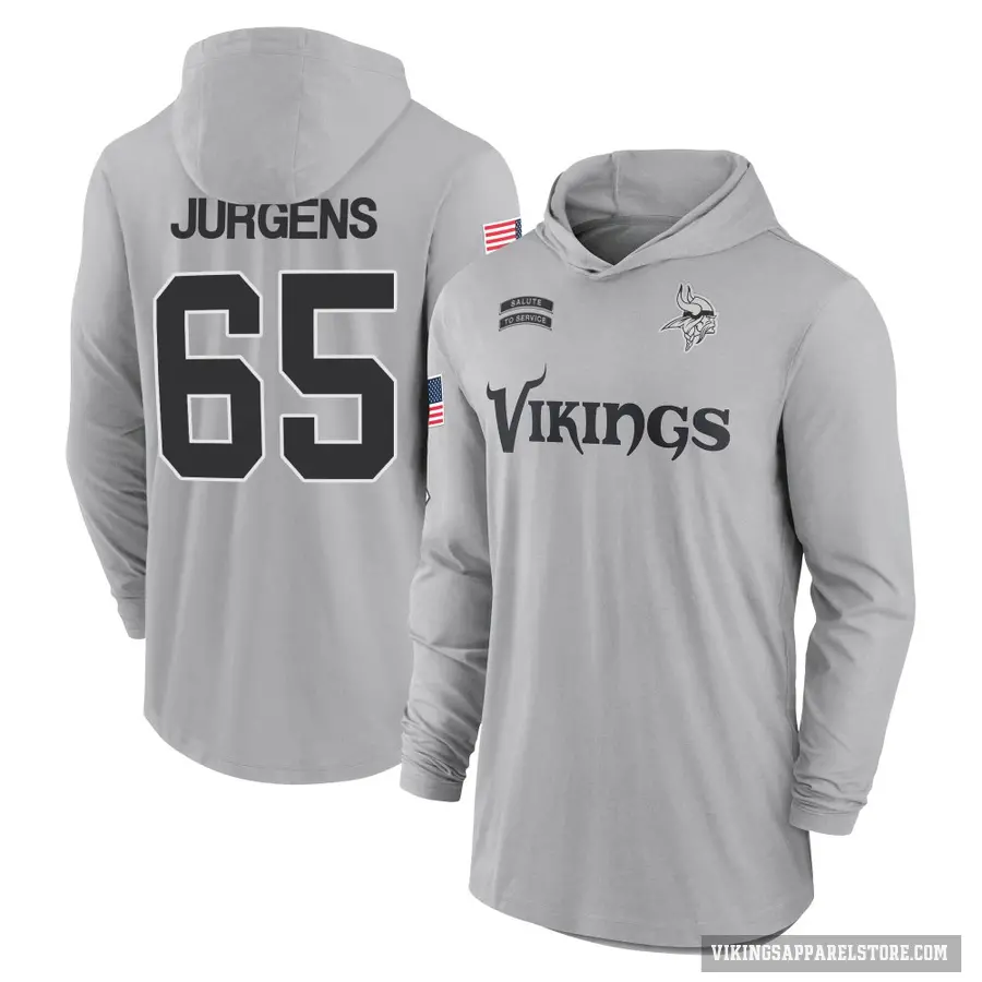 Youth ＃65 Michael Jurgens Minnesota Vikings Gray 2024 Salute to Service Lightweight Performance Long Sleeve Hooded T-Shirt