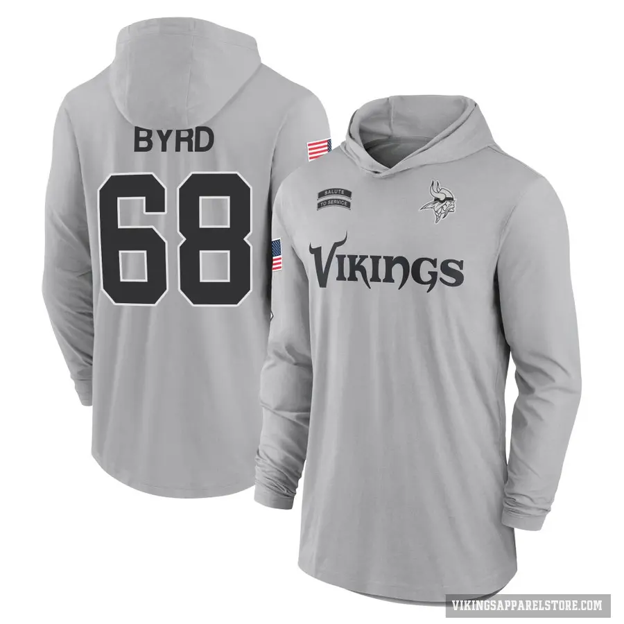 Youth ＃68 Henry Byrd Minnesota Vikings Gray 2024 Salute to Service Lightweight Performance Long Sleeve Hooded T-Shirt