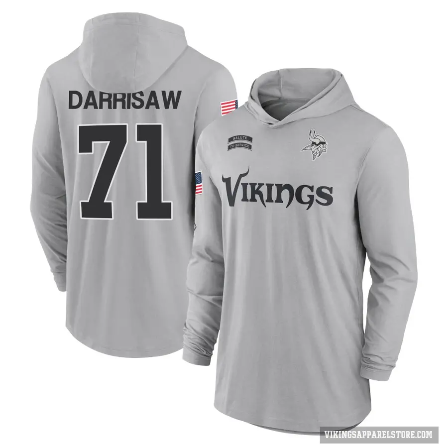 Youth ＃71 Christian Darrisaw Minnesota Vikings Gray 2024 Salute to Service Lightweight Performance Long Sleeve Hooded T-Shirt