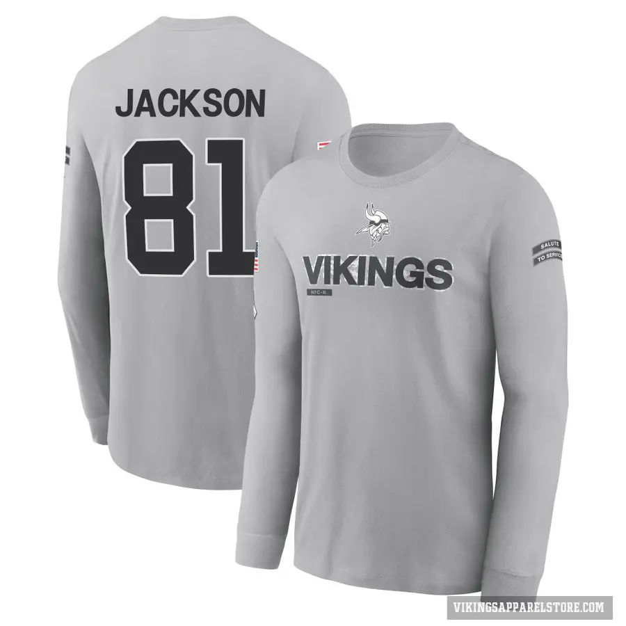 Youth ＃81 Lucky Jackson Minnesota Vikings Gray 2024 Salute to Service Long Sleeve T-Shirt