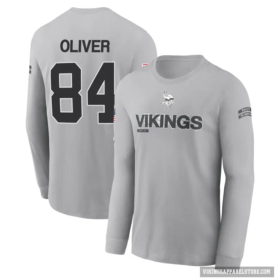 Youth ＃84 Josh Oliver Minnesota Vikings Gray 2024 Salute to Service Long Sleeve T-Shirt