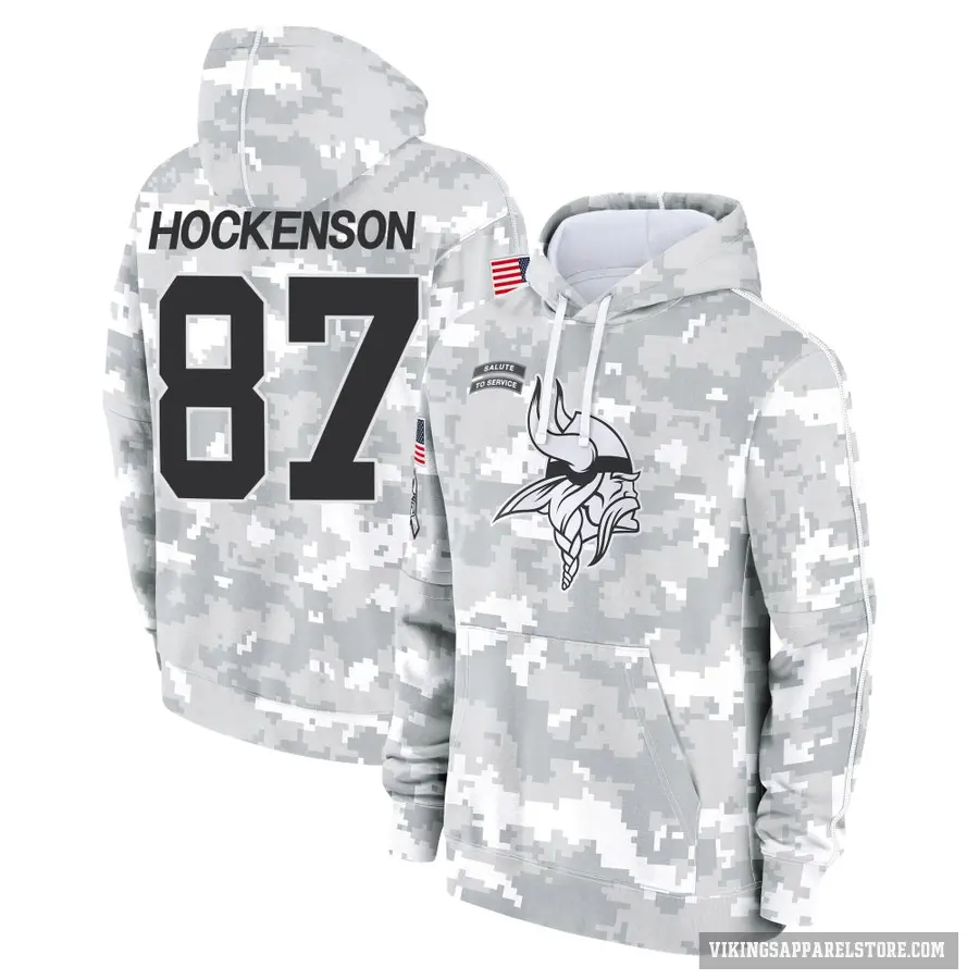 Youth ＃87 T.J. Hockenson Minnesota Vikings Arctic Camo 2024 Salute to Service Club Fleece Pullover Hoodie