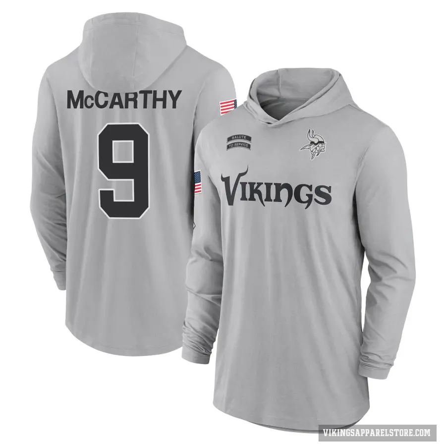 Youth ＃9 J.J. McCarthy Minnesota Vikings Gray 2024 Salute to Service Lightweight Performance Long Sleeve Hooded T-Shirt