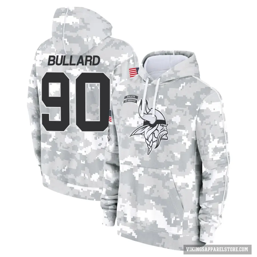 Youth ＃90 Jonathan Bullard Minnesota Vikings Arctic Camo 2024 Salute to Service Club Fleece Pullover Hoodie