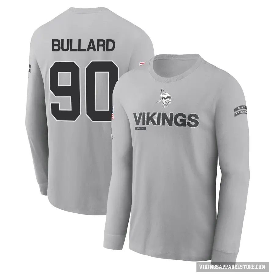 Youth ＃90 Jonathan Bullard Minnesota Vikings Gray 2024 Salute to Service Long Sleeve T-Shirt