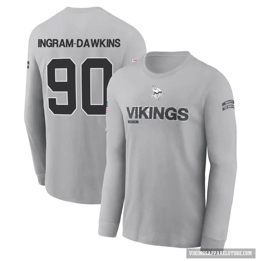 Youth ＃90 Tyrion Ingram-Dawkins Minnesota Vikings Gray 2024 Salute to Service Long Sleeve T-Shirt