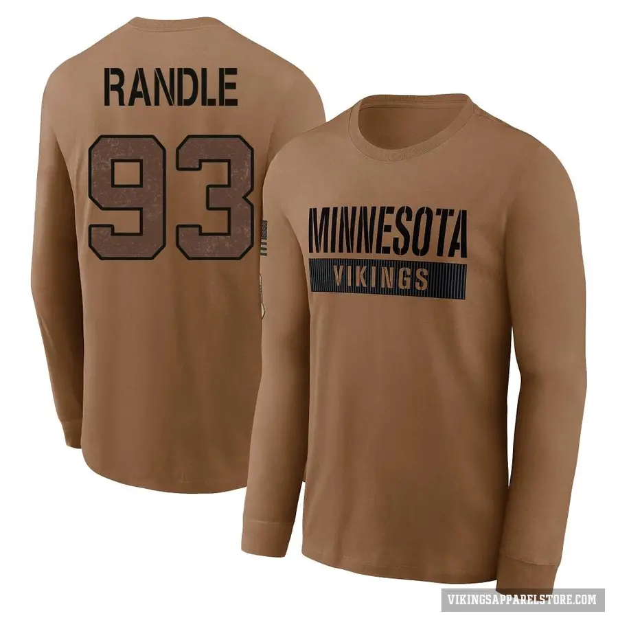 Youth ＃93 John Randle Minnesota Vikings Brown 2023 Salute To Service Long Sleeve T-Shirt