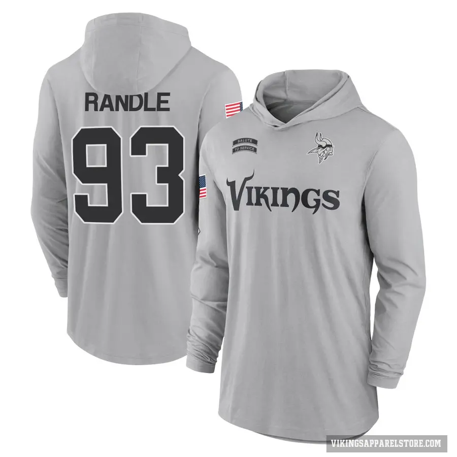 Youth ＃93 John Randle Minnesota Vikings Gray 2024 Salute to Service Lightweight Performance Long Sleeve Hooded T-Shirt