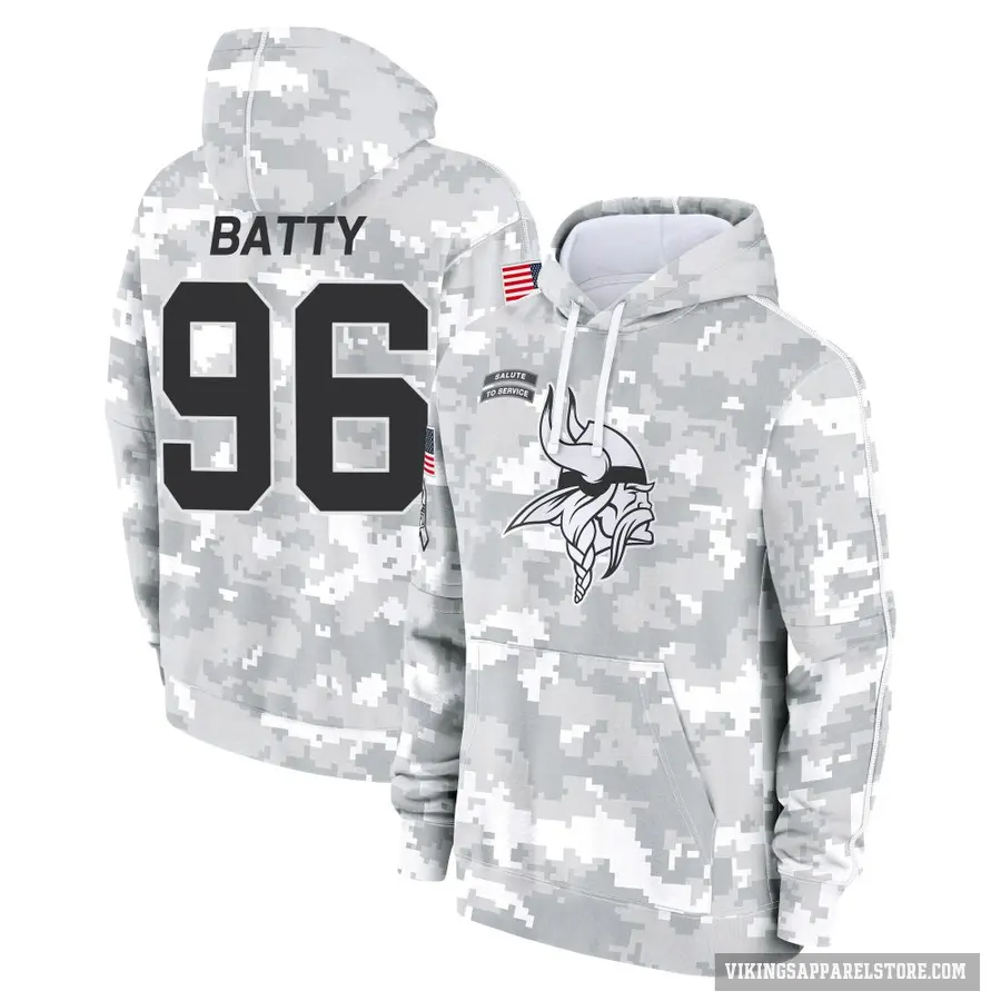 Youth ＃96 Tyler Batty Minnesota Vikings Arctic Camo 2024 Salute to Service Club Fleece Pullover Hoodie