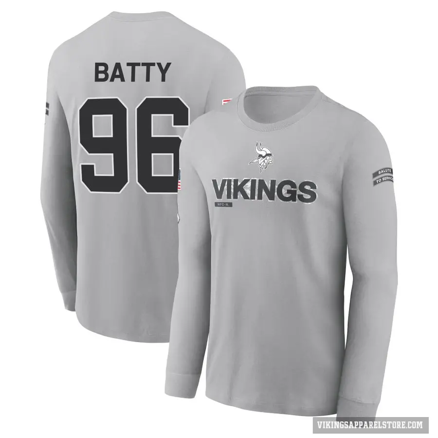 Youth ＃96 Tyler Batty Minnesota Vikings Gray 2024 Salute to Service Long Sleeve T-Shirt