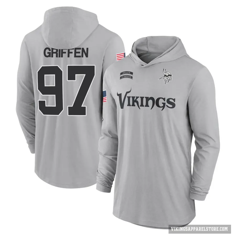 Youth ＃97 Everson Griffen Minnesota Vikings Gray 2024 Salute to Service Lightweight Performance Long Sleeve Hooded T-Shirt