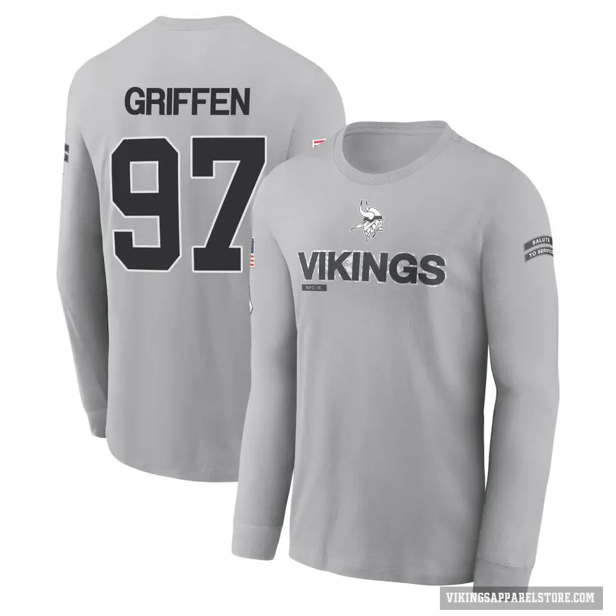 Youth ＃97 Everson Griffen Minnesota Vikings Gray 2024 Salute to Service Long Sleeve T-Shirt
