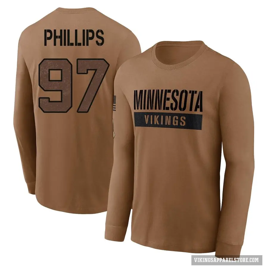 Youth ＃97 Harrison Phillips Minnesota Vikings Brown 2023 Salute To Service Long Sleeve T-Shirt