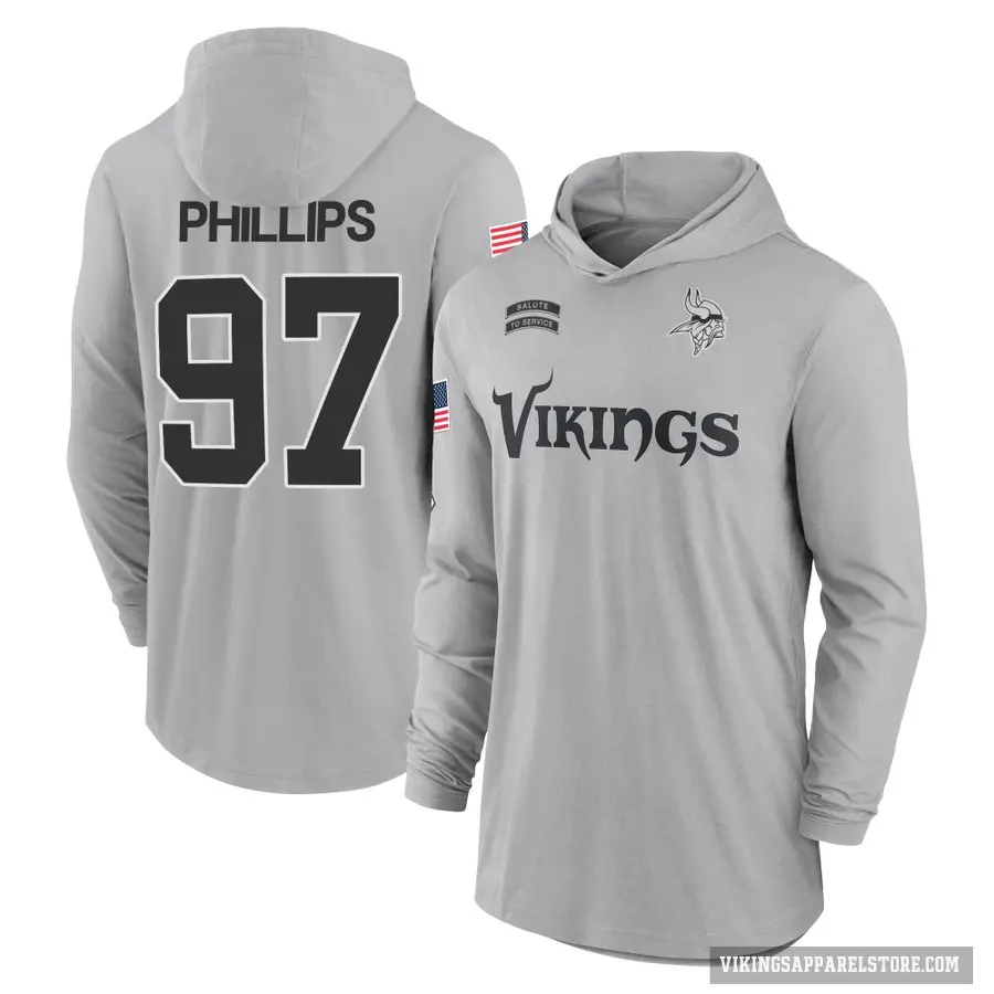 Youth ＃97 Harrison Phillips Minnesota Vikings Gray 2024 Salute to Service Lightweight Performance Long Sleeve Hooded T-Shirt