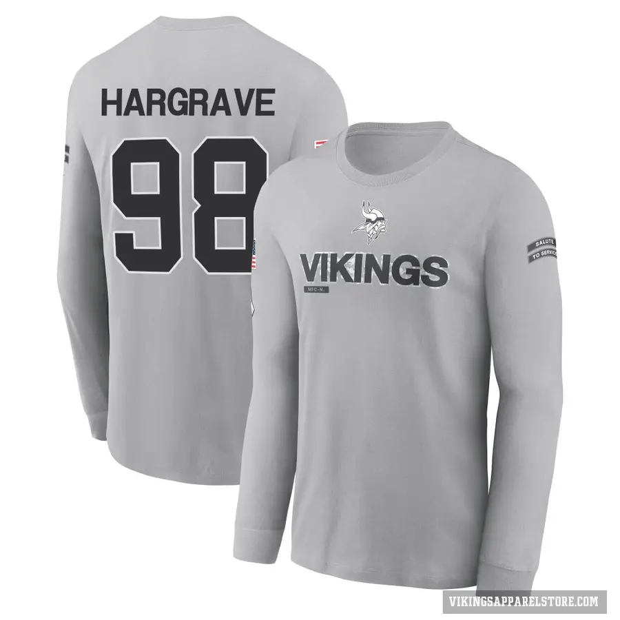 Youth ＃98 Javon Hargrave Minnesota Vikings Gray 2024 Salute to Service Long Sleeve T-Shirt